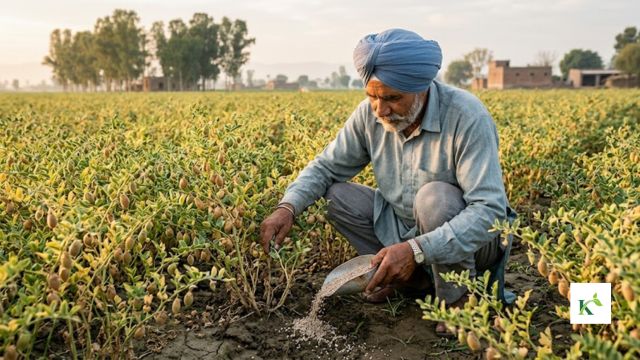 A farmer applying fertiliser in crops